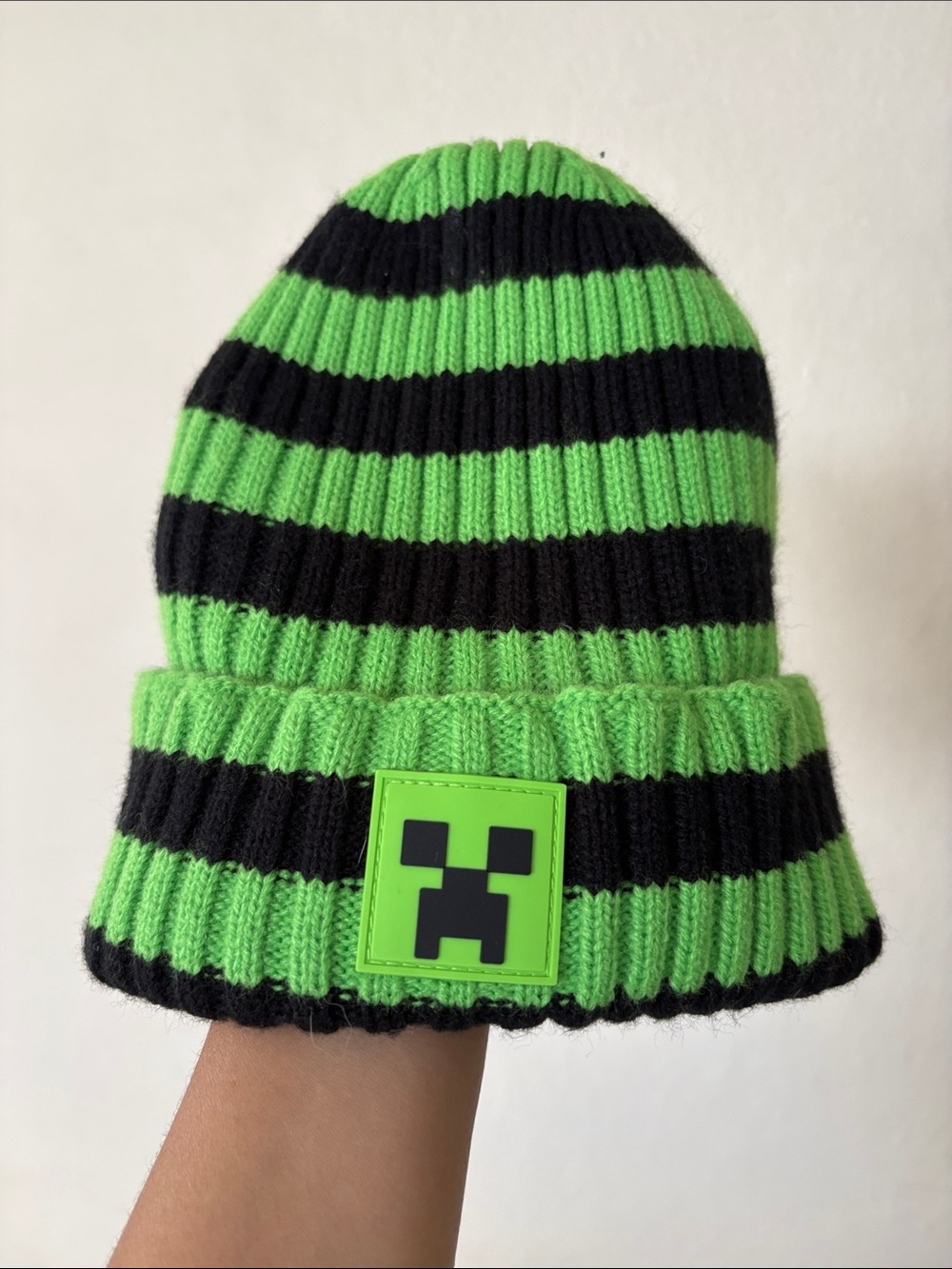 Kids Neon Green and Black Striped Knit Beanie with Creeper Patch